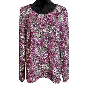 Kim Rogers Womens Top XL Purple Pink Floral Abstract Print Long Sleeve Stretch